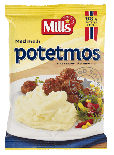 Potetmos med melk fra Mills. Foto av pakning.