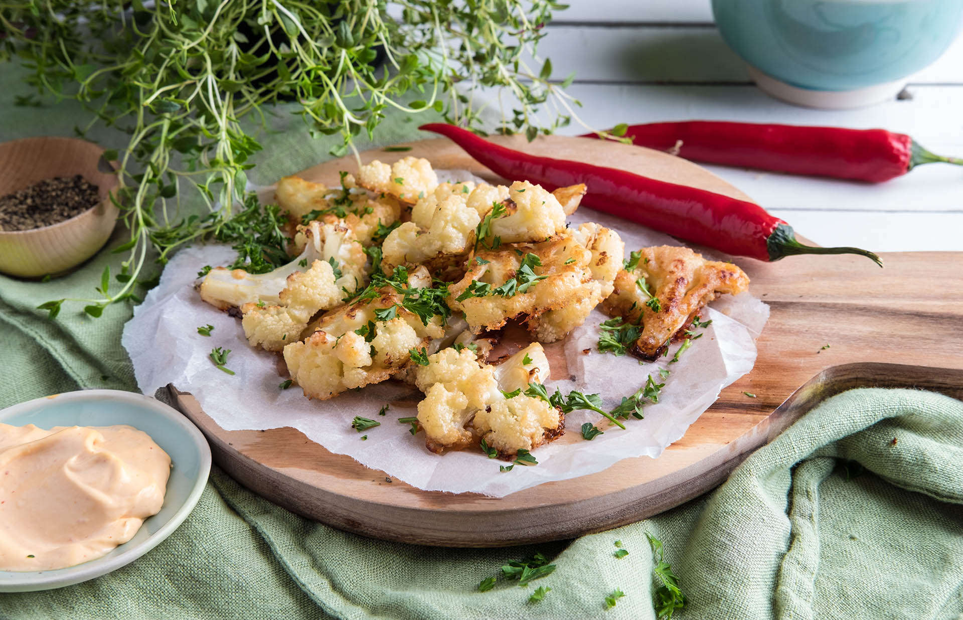 Parmesanbakt blomkål med chilimajones