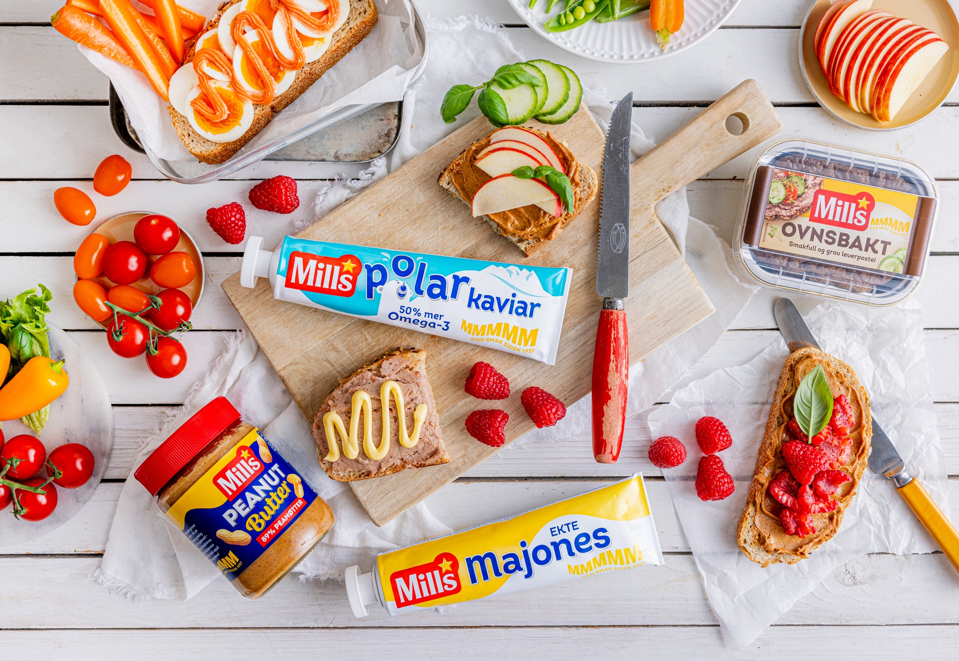 Mills Majones, kaviar, postei og peanut butter og matpakke